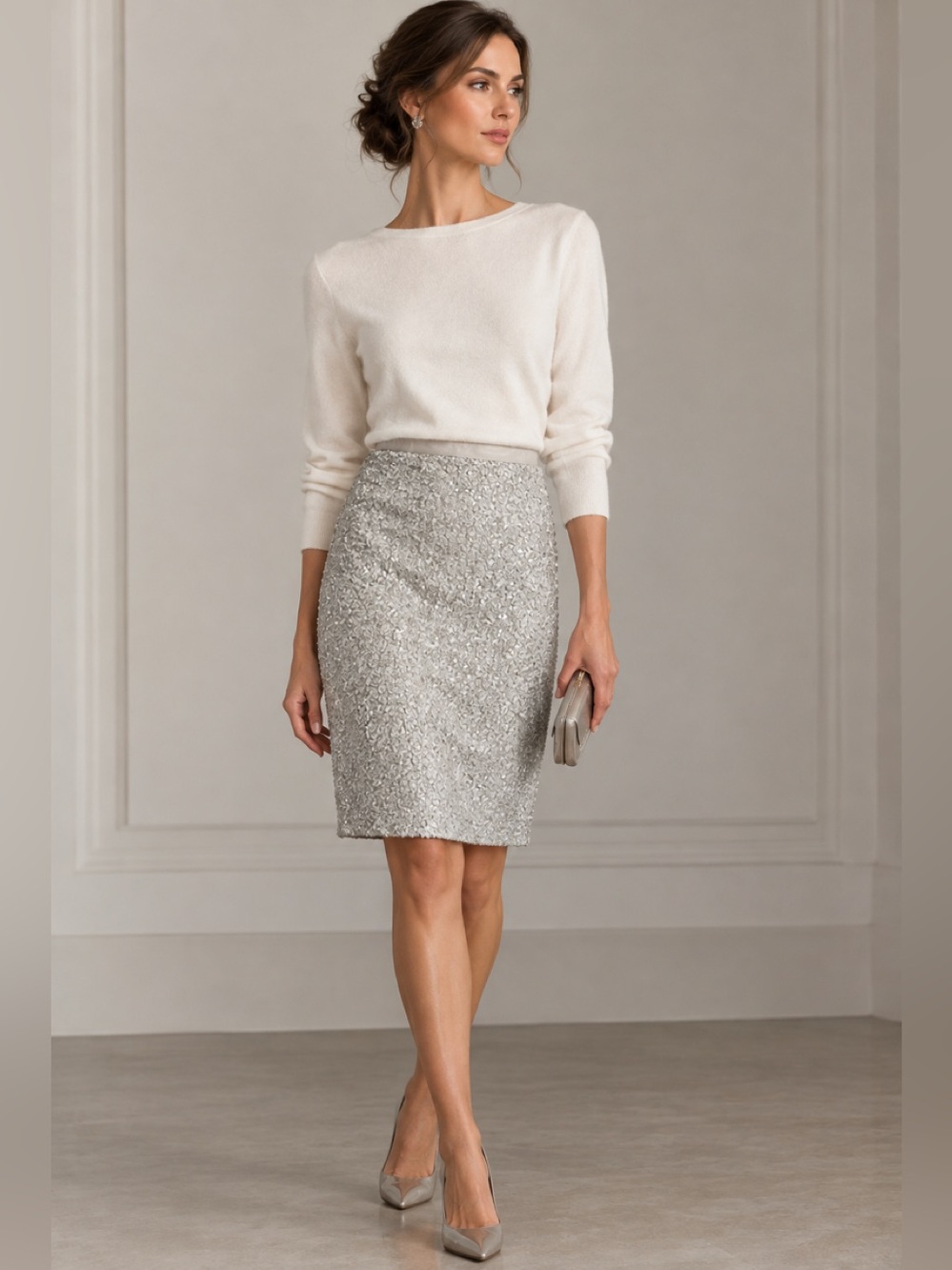 Calvin Klein Wool Blend Boucle Silver Sequin Pencil Skirt size 6